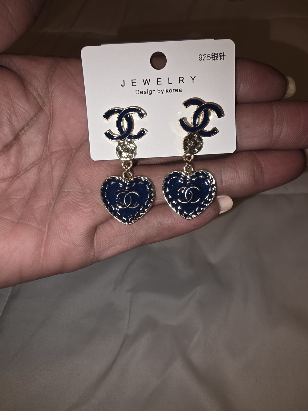 Designer-Inspired Navy and Gold Heart Drop Earrings